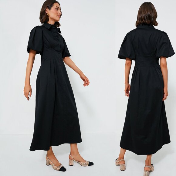 Tuckernuck NEW Black Delaney Puff Sleeve Fit and Flare Cotton Maxi Dress Size L - Picture 3 of 11
